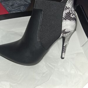 Ashley Stewart Black Ankle Boot with Snake-Print Heel